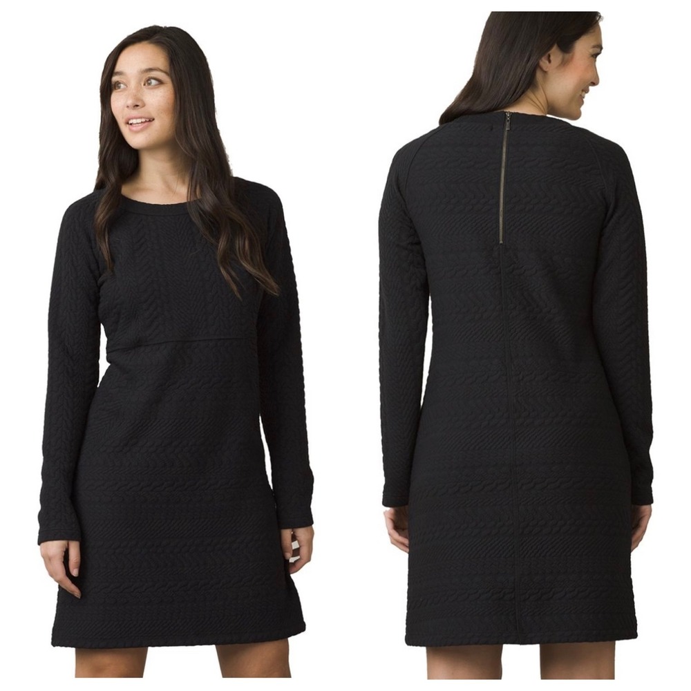 Prana Macee Textured Jacquard Knit‎ Dress Sz L Black Long Sleeve Stretch Casual